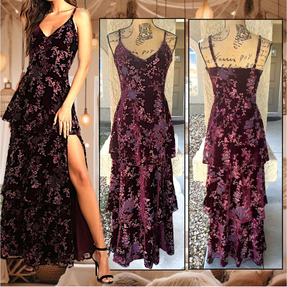 LuLus Plum Purple Floral Burnout Velvet Tiered I Love You Maxi Dres Size: L